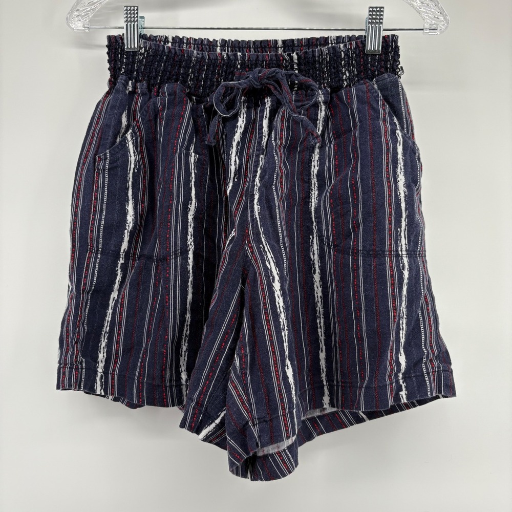 HANNAH Women L Navy Red Striped Smocked Waist Drawstring Shorts Linen Blend‎